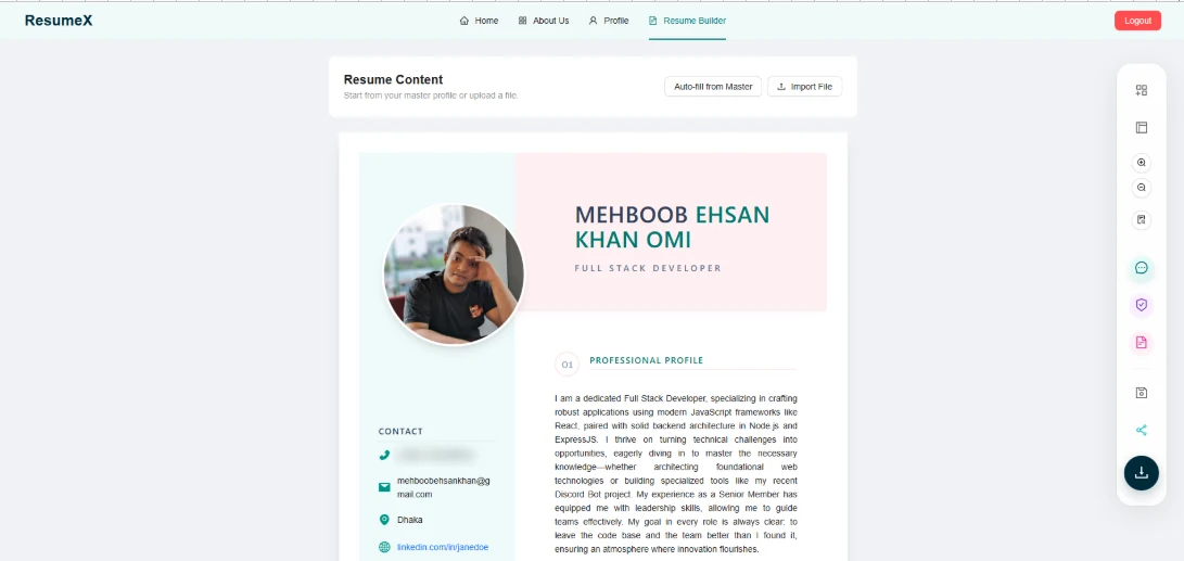 ResumeX builder: live résumé preview with templates, AI tools and import