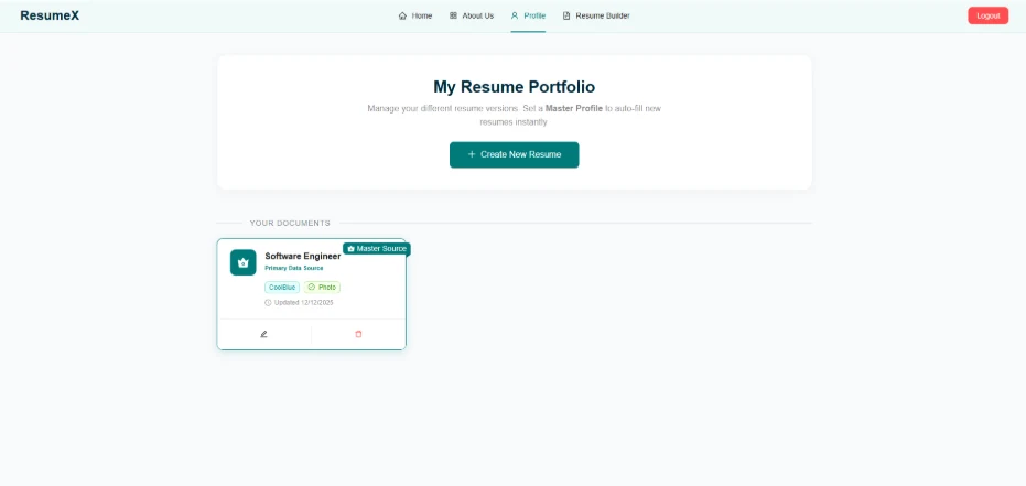 ResumeX profile: résumé versions with a master source for auto-fill