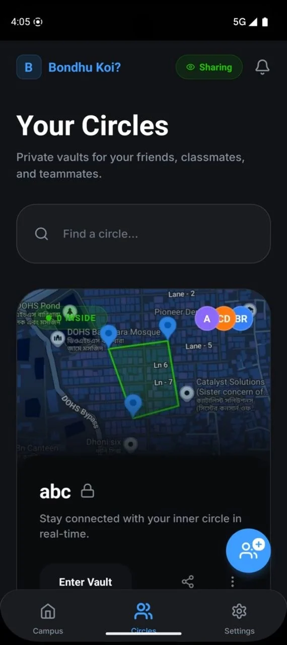 Bondhukoi Circles screen: a private circle with a green geofence polygon on the map