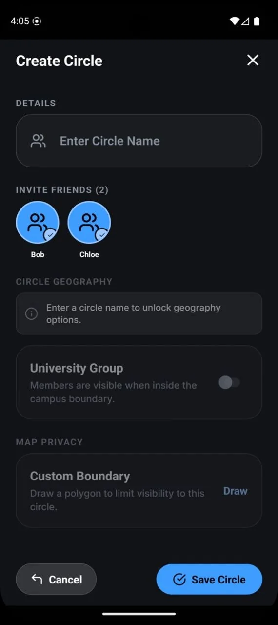 Bondhukoi Create Circle screen: invite friends, university group and custom boundary options